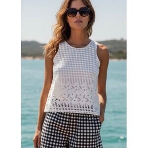 Young Threads NYC White Sleeveless Laser‎ Cut Floral Lace Applique Top Medium